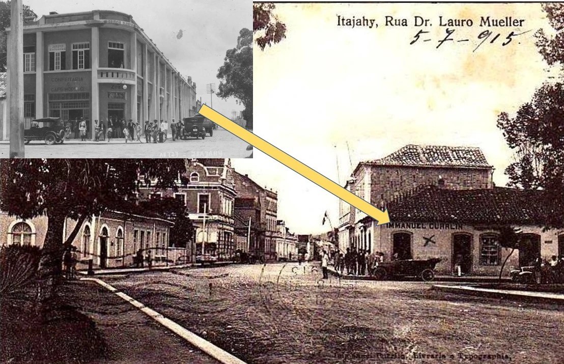Fotocomposição de Rua Lauro Muller 1915 e Café Democrático 1923 -  CDMH - Arquivo Público de Itajaí.