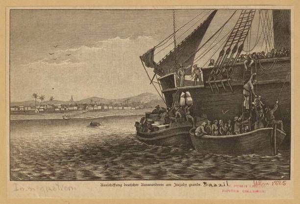 Ilustração: Desembarque europeus em Itajaí - 1885 - CDMHI - Arquivo Público.